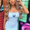 Clothing Rebellious Fashion | Blue Ribbed Butterfly Bodycon Mini Dress - Yancy