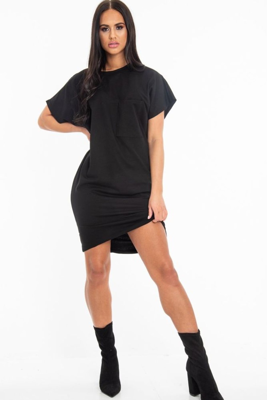 Clothing Rebellious Fashion | Black Oversized Pocket Front Midi T-Shirt Dress - Whitney