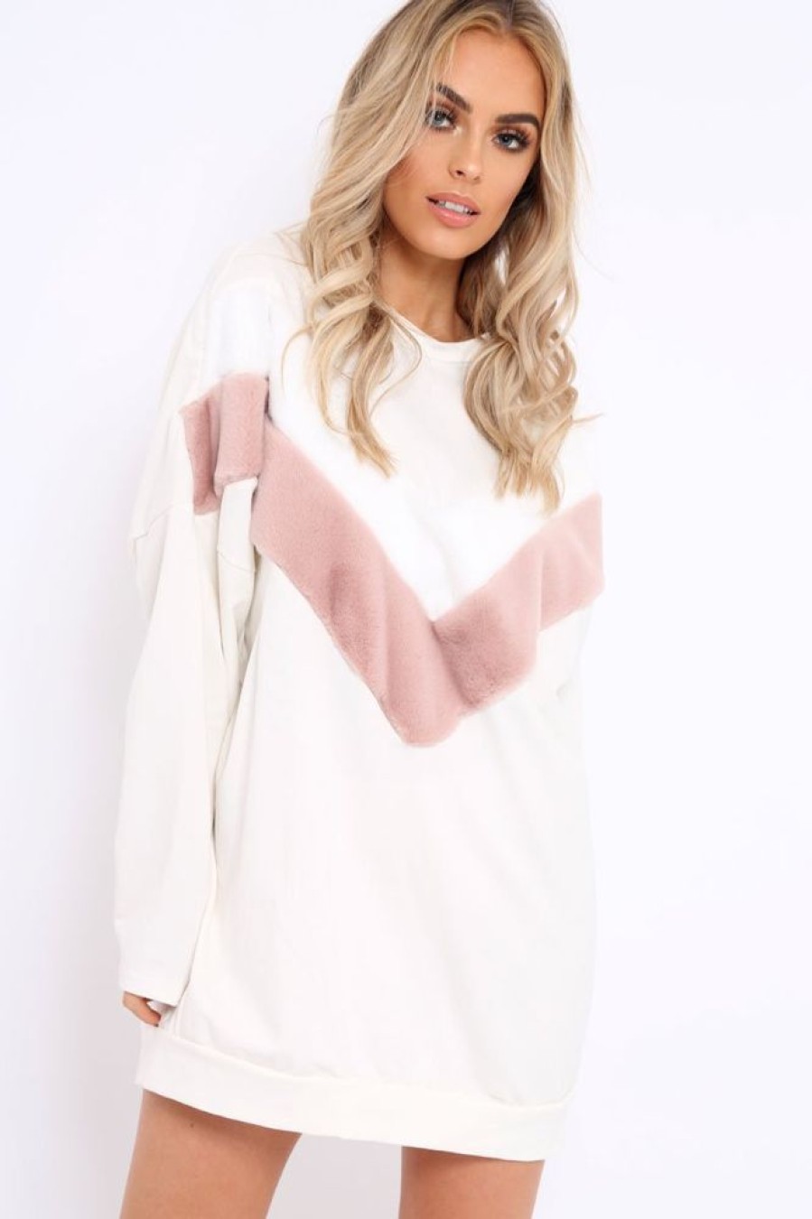 Clothing Rebellious Fashion | White With Rose And White Chevron Fur Jumper Dress- Lula