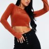 Clothing Rebellious Fashion | Rust Slinky Thumb Hole Long Sleeve Crop Top - Kacci