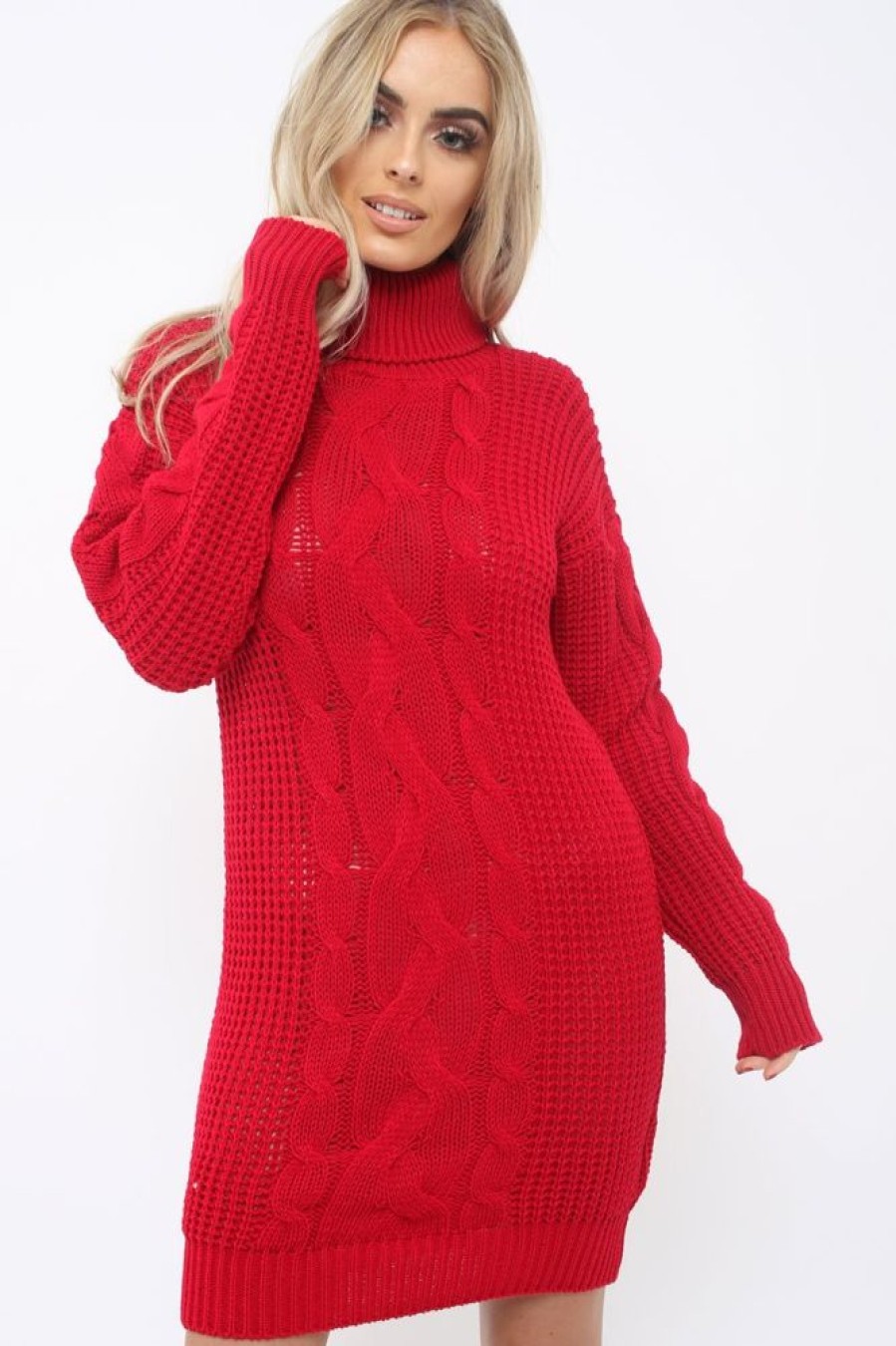 Clothing Rebellious Fashion | Red Roll Neck Cable Knit Jumper Dress - Dawn