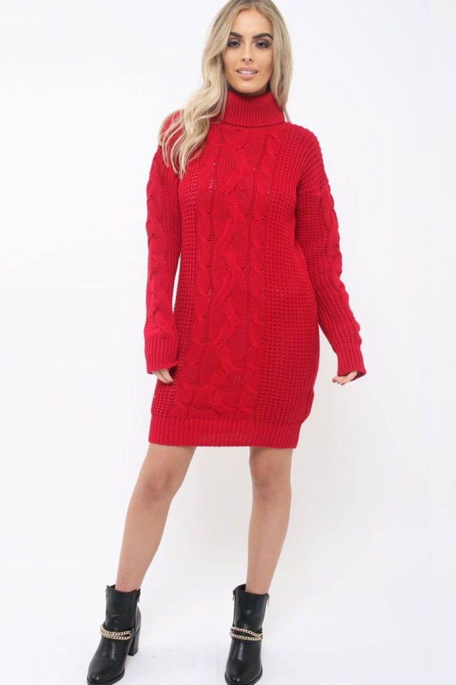 Clothing Rebellious Fashion | Red Roll Neck Cable Knit Jumper Dress - Dawn