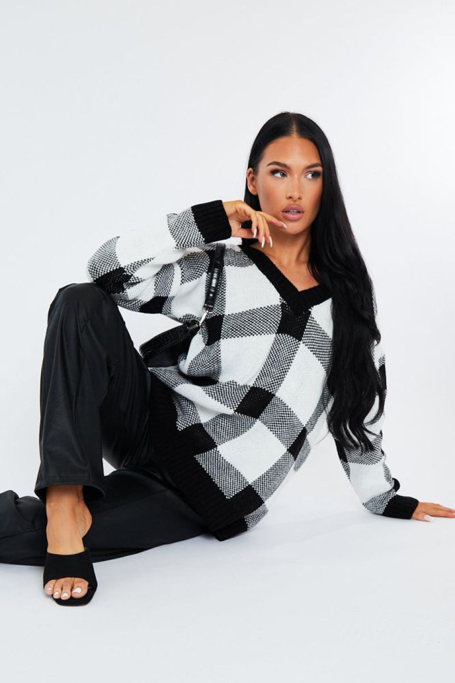 Clothing Rebellious Fashion | Black Check Deep Neck Sweater - Neta