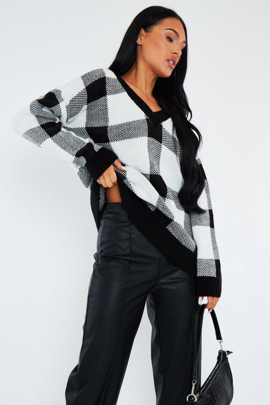 Clothing Rebellious Fashion | Black Check Deep Neck Sweater - Neta