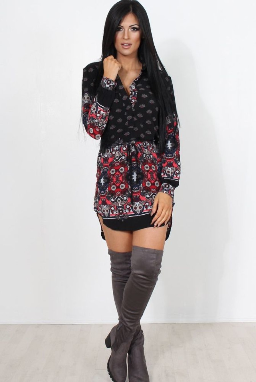 Clothing Rebellious Fashion | Jilema Black Paisley Print Shirt Dress