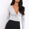 Clothing Rebellious Fashion | Grey Slinky Twist Front Bodysuit - Gretchen