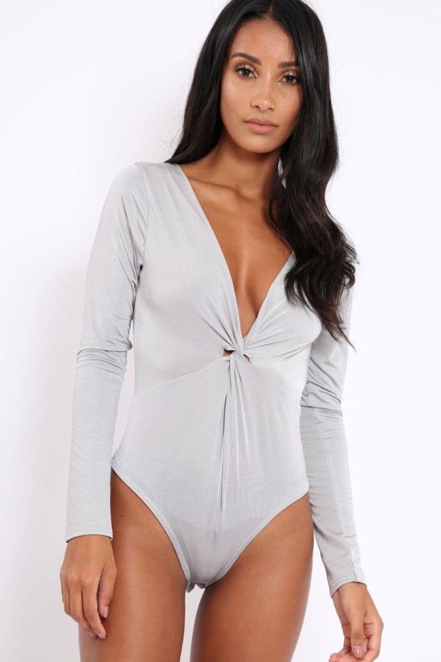 Clothing Rebellious Fashion | Grey Slinky Twist Front Bodysuit - Gretchen