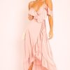 Clothing Rebellious Fashion | Pink Satin Ruffle Wrap Midi Dress - Eiza