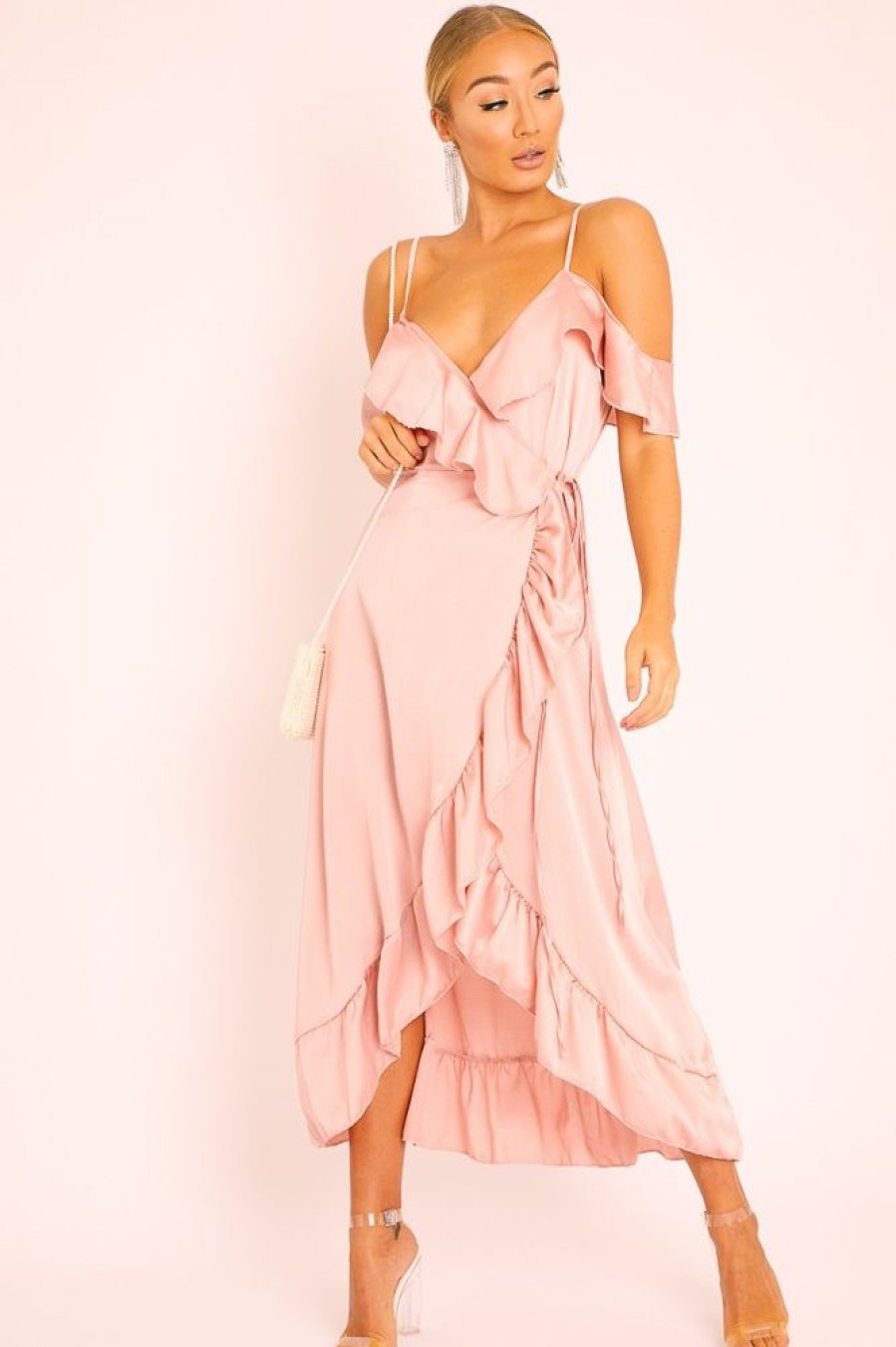 Clothing Rebellious Fashion | Pink Satin Ruffle Wrap Midi Dress - Eiza