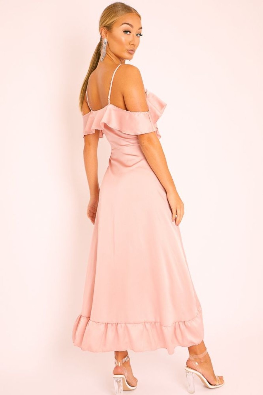 Clothing Rebellious Fashion | Pink Satin Ruffle Wrap Midi Dress - Eiza