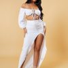 Clothing Rebellious Fashion | White Bardot Cropped Top & Front Slit Skirt Co-Ord Set - Vanika