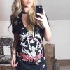 Clothing Rebellious Fashion | Black Acid Wash 'Raw Power' Print Cut Out Choker T-Shirt Dress - Paige