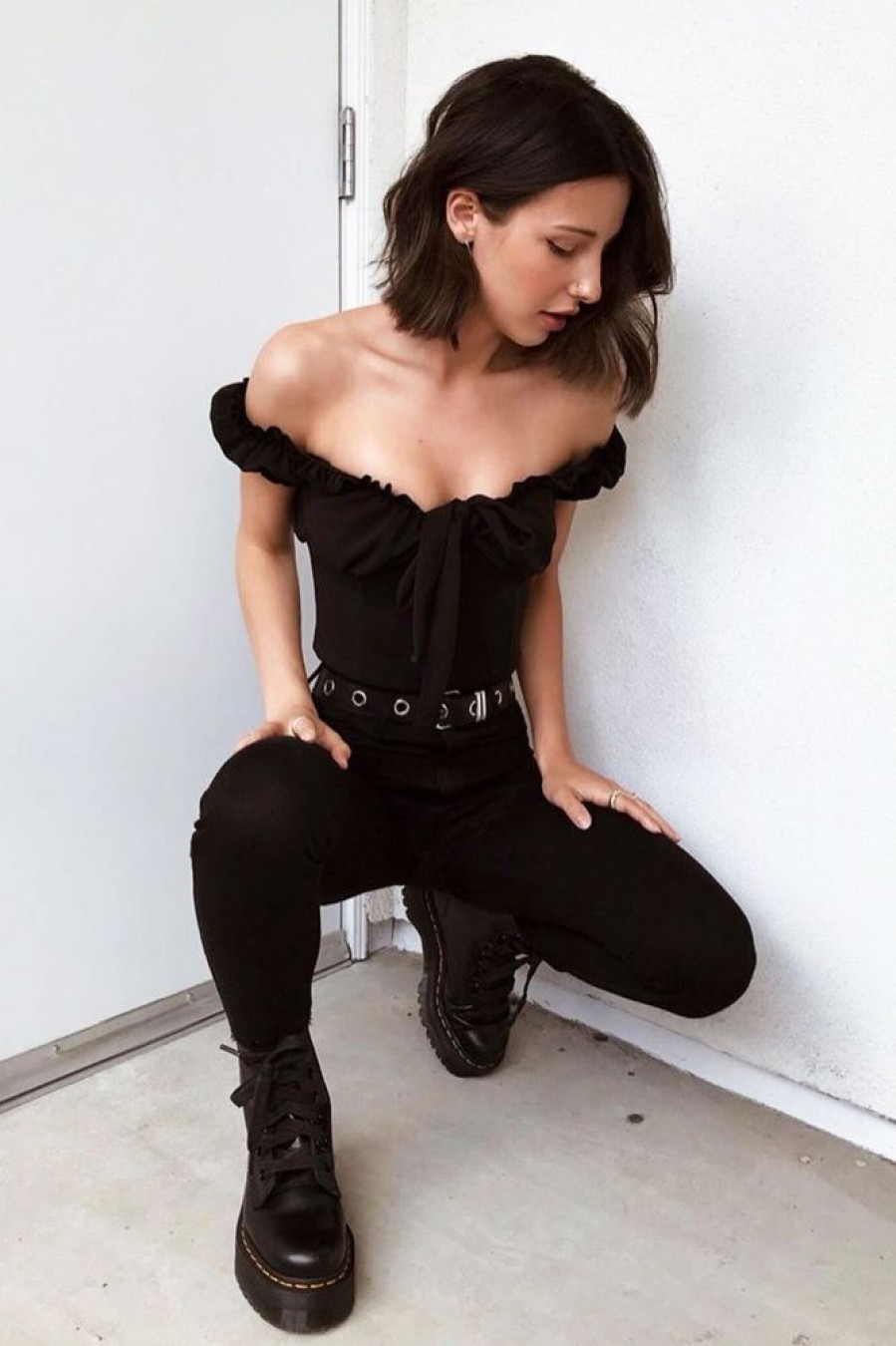 Clothing Rebellious Fashion | Black Crepe Ruffle Tie Front Bardot Bodysuit - Trixie