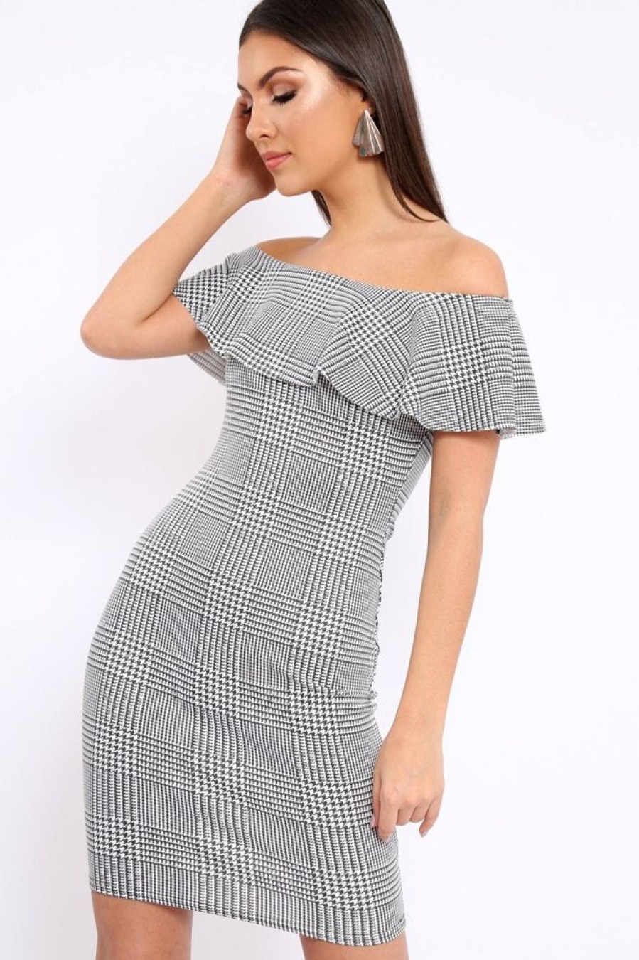 Clothing Rebellious Fashion | Houndstooth Bardot Ruffle Bodycon Dress - Adrina