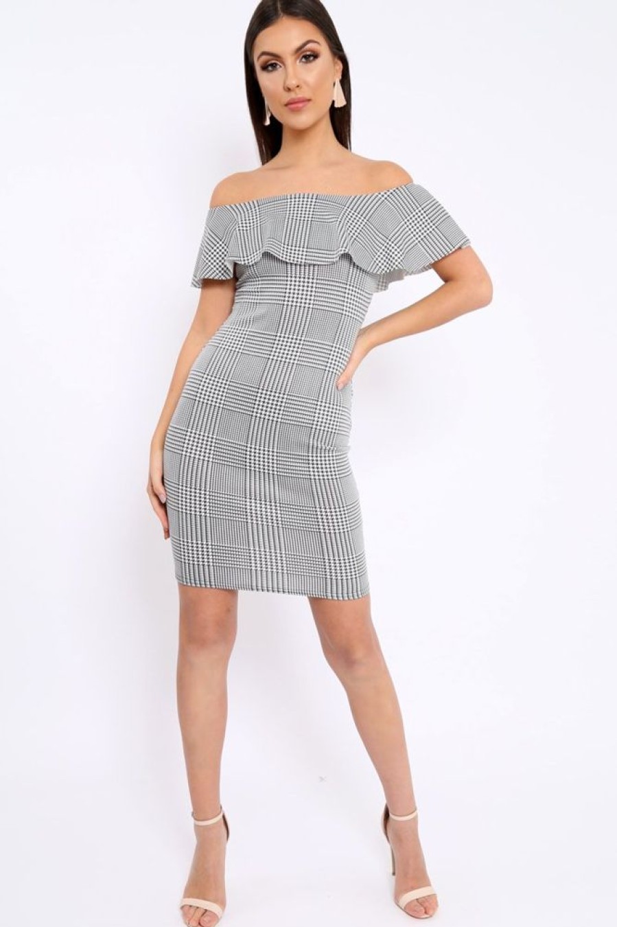 Clothing Rebellious Fashion | Houndstooth Bardot Ruffle Bodycon Dress - Adrina