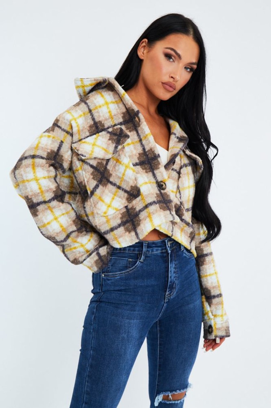 Clothing Rebellious Fashion | Yellow Checked Cropped Pocket Front Shacket - Ebonni