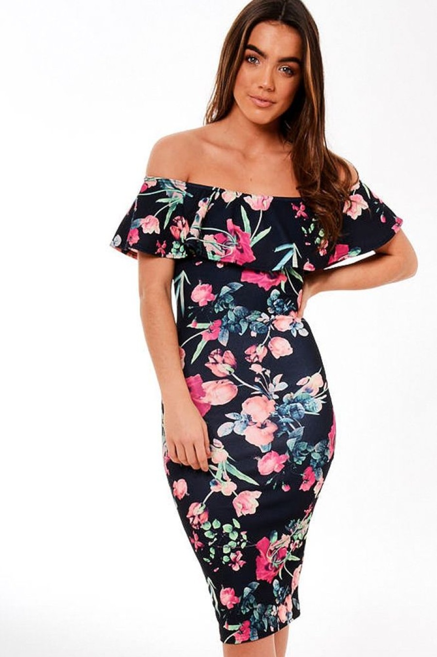 Clothing Rebellious Fashion | Black Frill Bardot Floral Midi Dress - Joanne