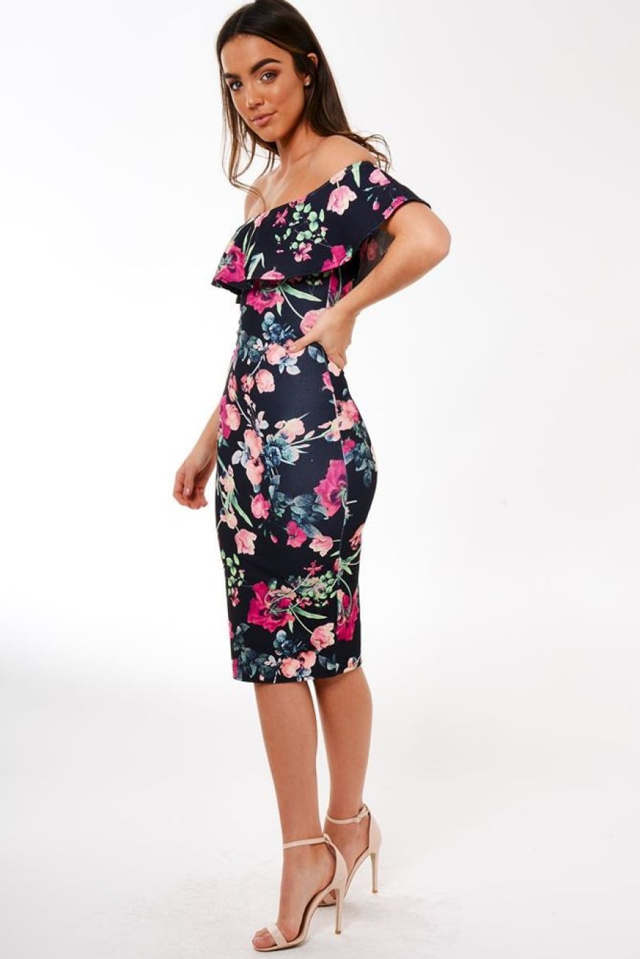 Clothing Rebellious Fashion | Black Frill Bardot Floral Midi Dress - Joanne