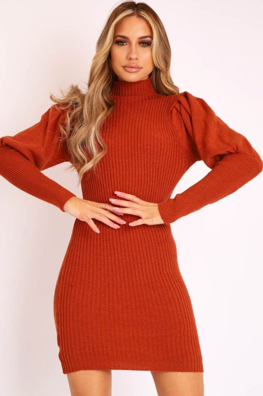 Clothing Rebellious Fashion | Rust High Neck Balloon Sleeve Knitted Dress - Ginna