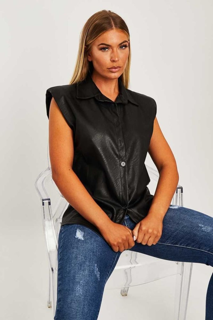 Clothing Rebellious Fashion | Black Faux Leather Shoulder Pad Shirt - Eila