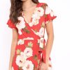 Clothing Rebellious Fashion | Red Floral Print Wrap Dress - Norie