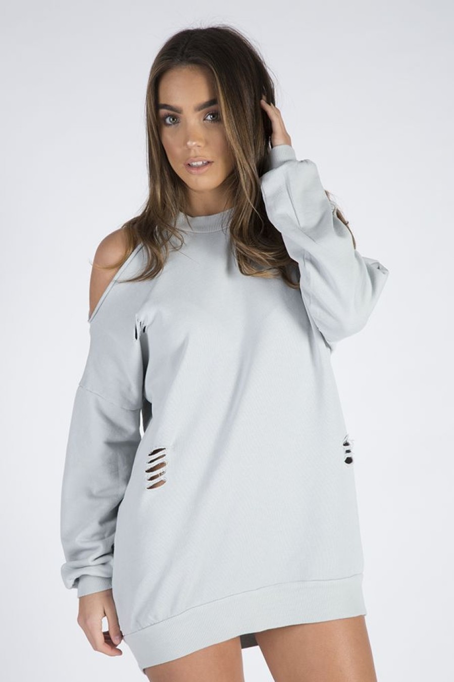 Clothing Rebellious Fashion | Grey Cold Shoulder Distressed Jumper Dress - Kylie