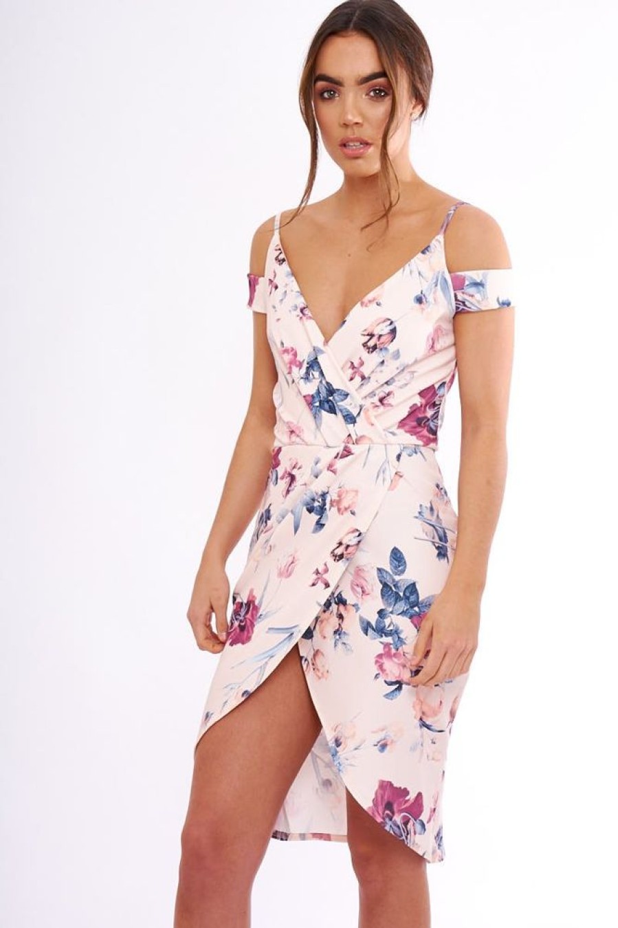 Clothing Rebellious Fashion | Blush Floral Cold Shoulder Wrap Midi Dress - Karoline