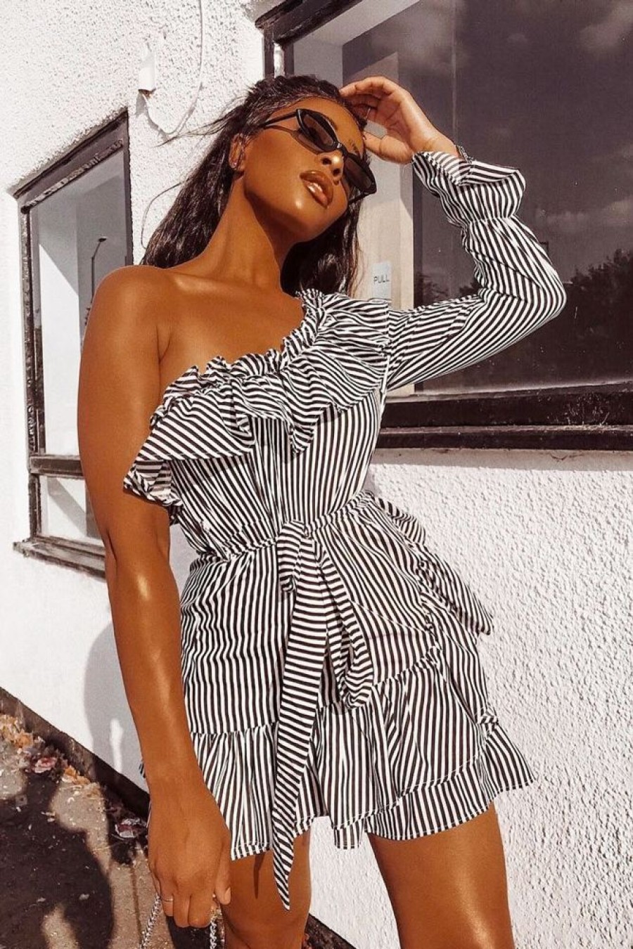 Clothing Rebellious Fashion | Black And White Stripe One Shoulder Frill Dress - Zyann