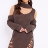 Clothing Rebellious Fashion | Mocha Knitted Cut Out Front Cold Shoulder Distressed Jumper Dress - Jamie