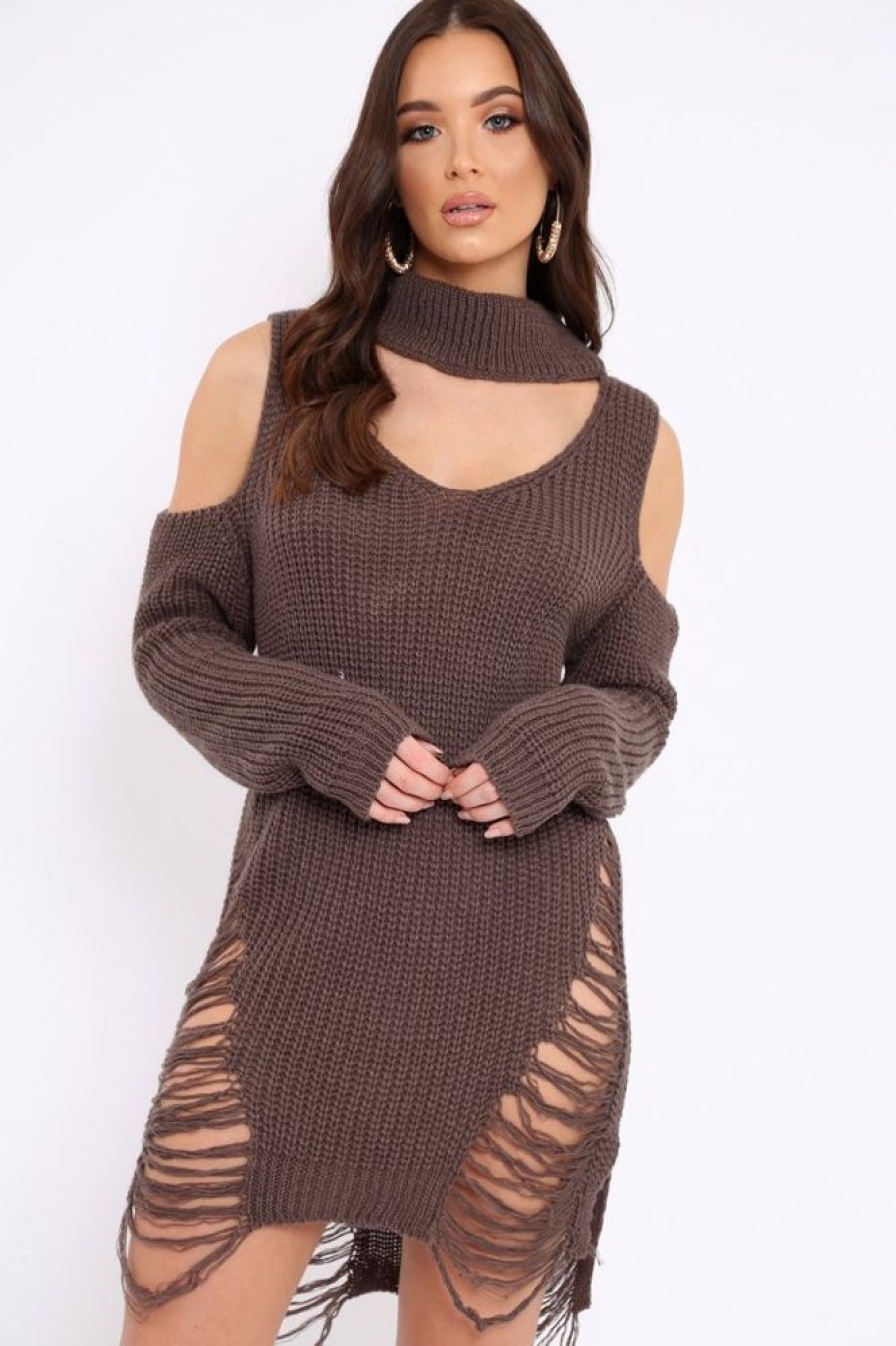 Clothing Rebellious Fashion | Mocha Knitted Cut Out Front Cold Shoulder Distressed Jumper Dress - Jamie