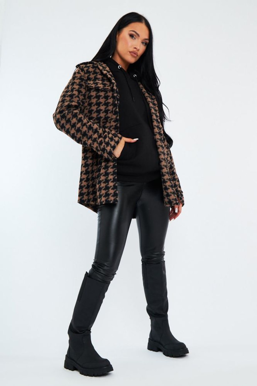 Clothing Rebellious Fashion | Brown Houndstooth Pocket Front Shacket - Aleri