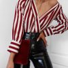 Clothing Rebellious Fashion | Wine Stripe Plunge Satin Bodysuit - North