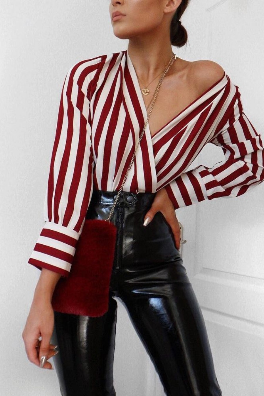 Clothing Rebellious Fashion | Wine Stripe Plunge Satin Bodysuit - North