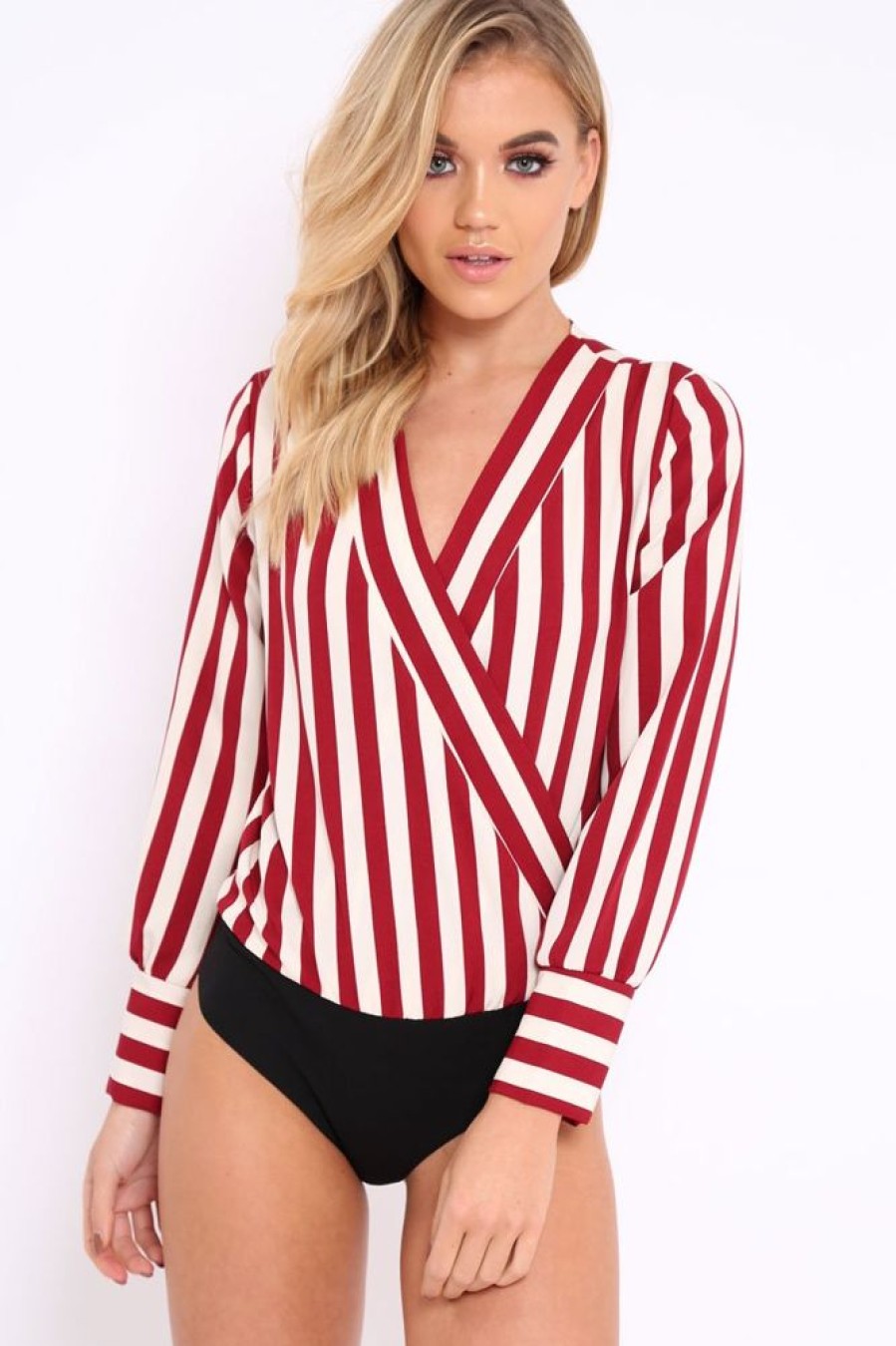 Clothing Rebellious Fashion | Wine Stripe Plunge Satin Bodysuit - North