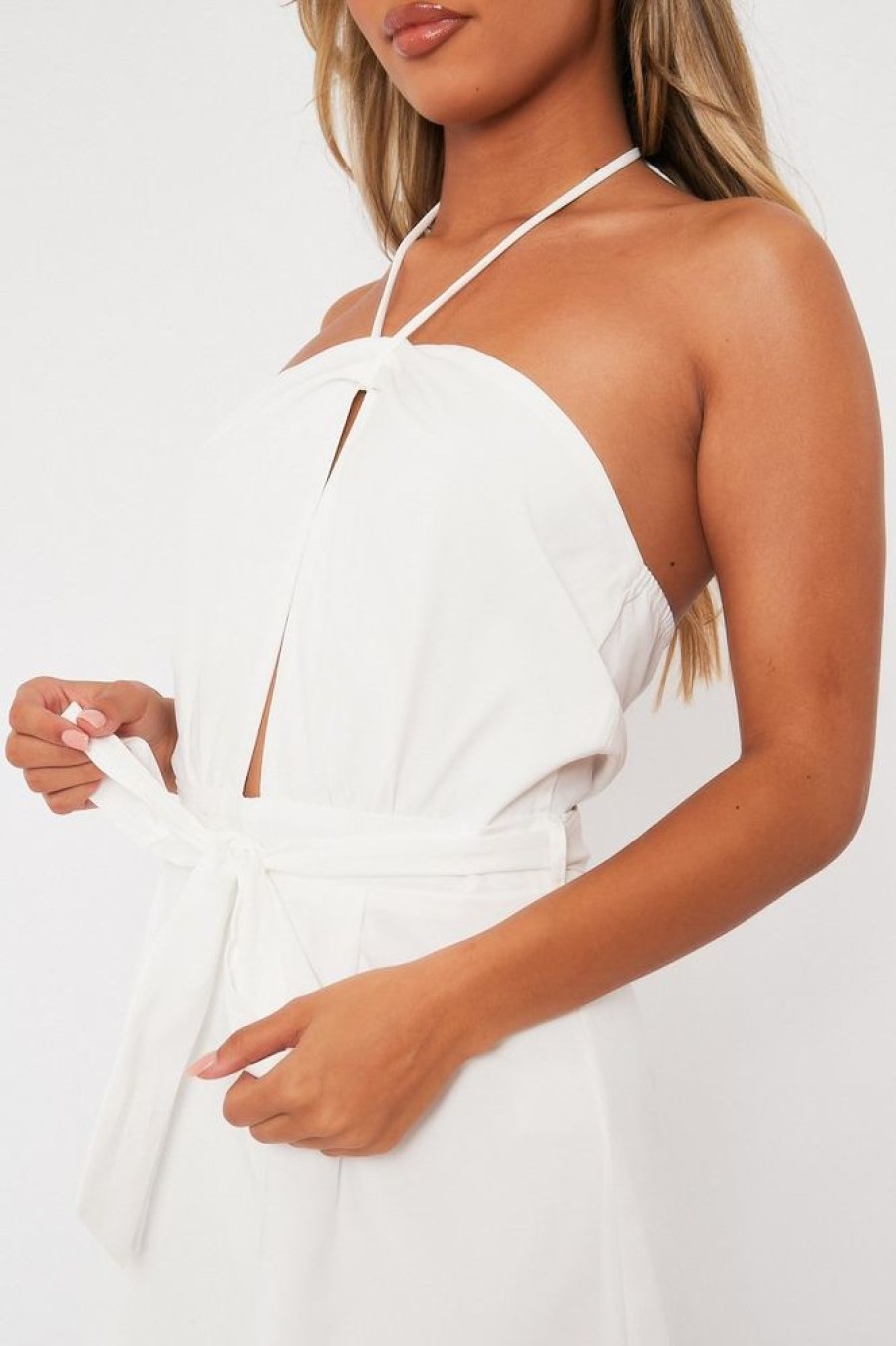 Clothing Rebellious Fashion | White Front Cut Out Halter Neck Playsuit - Breyah