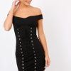 Clothing Rebellious Fashion | Black Off Shoulder Centre Eyelet Dress - Callie