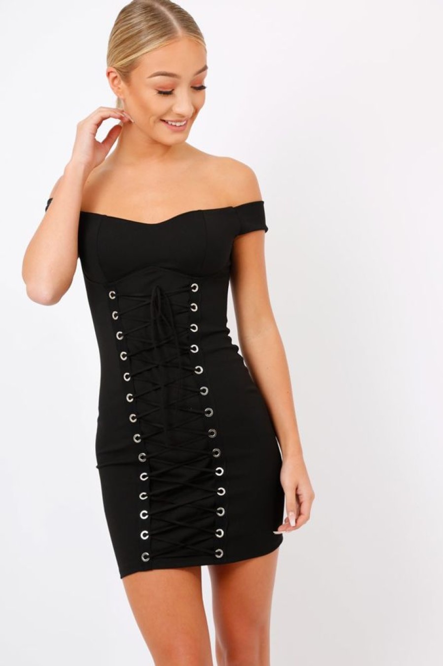 Clothing Rebellious Fashion | Black Off Shoulder Centre Eyelet Dress - Callie