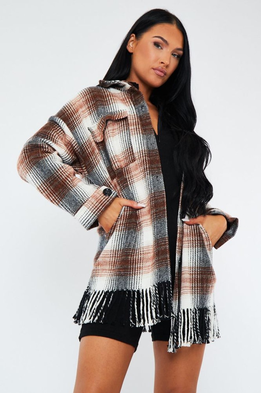 Clothing Rebellious Fashion | Brown Checked Fringe Detail Shacket - Iyana