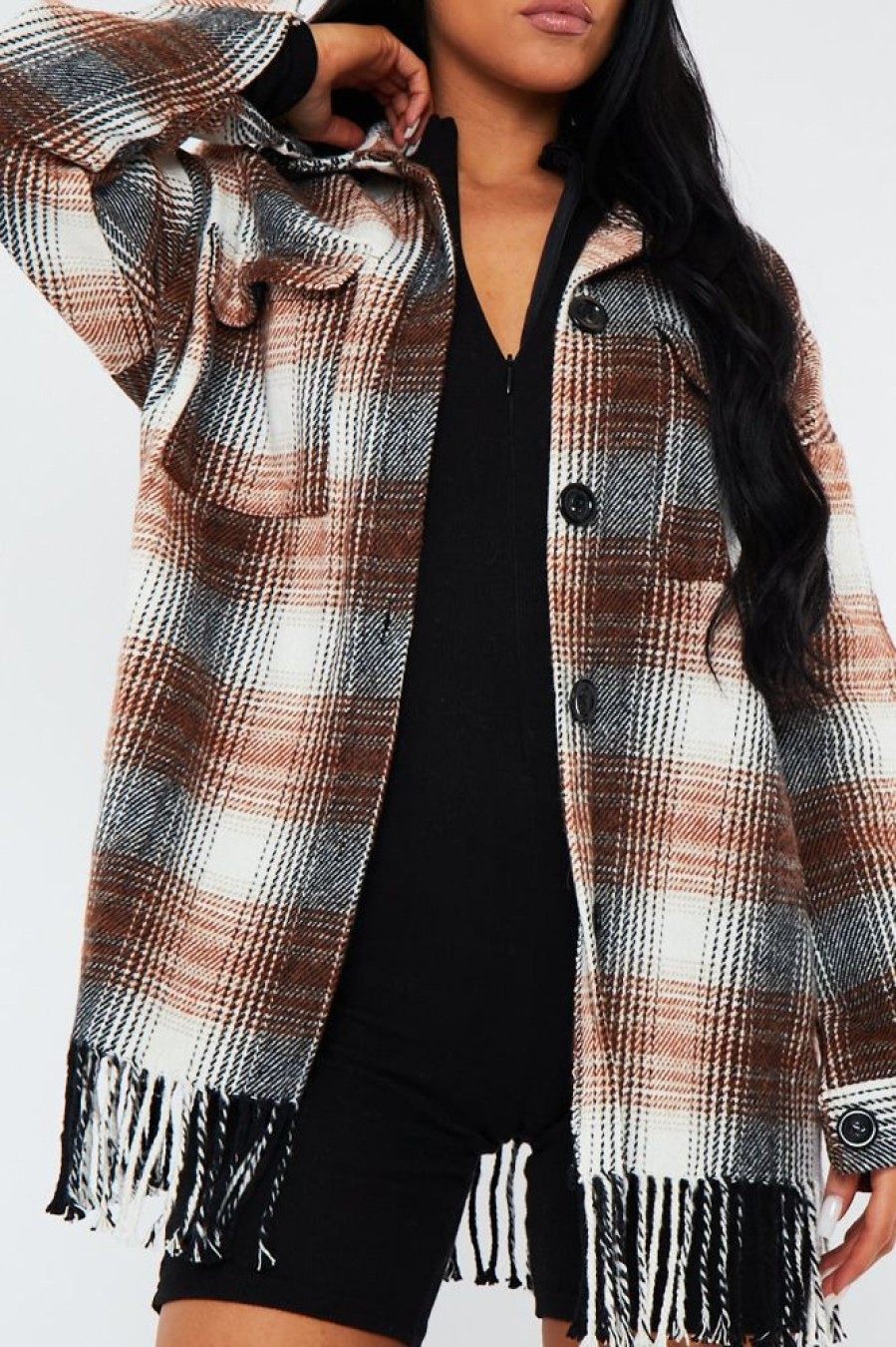 Clothing Rebellious Fashion | Brown Checked Fringe Detail Shacket - Iyana