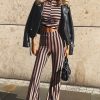 Clothing Rebellious Fashion | Navy Camel Stripe Rib Crop Top Trousers Co-Ord - Elmira