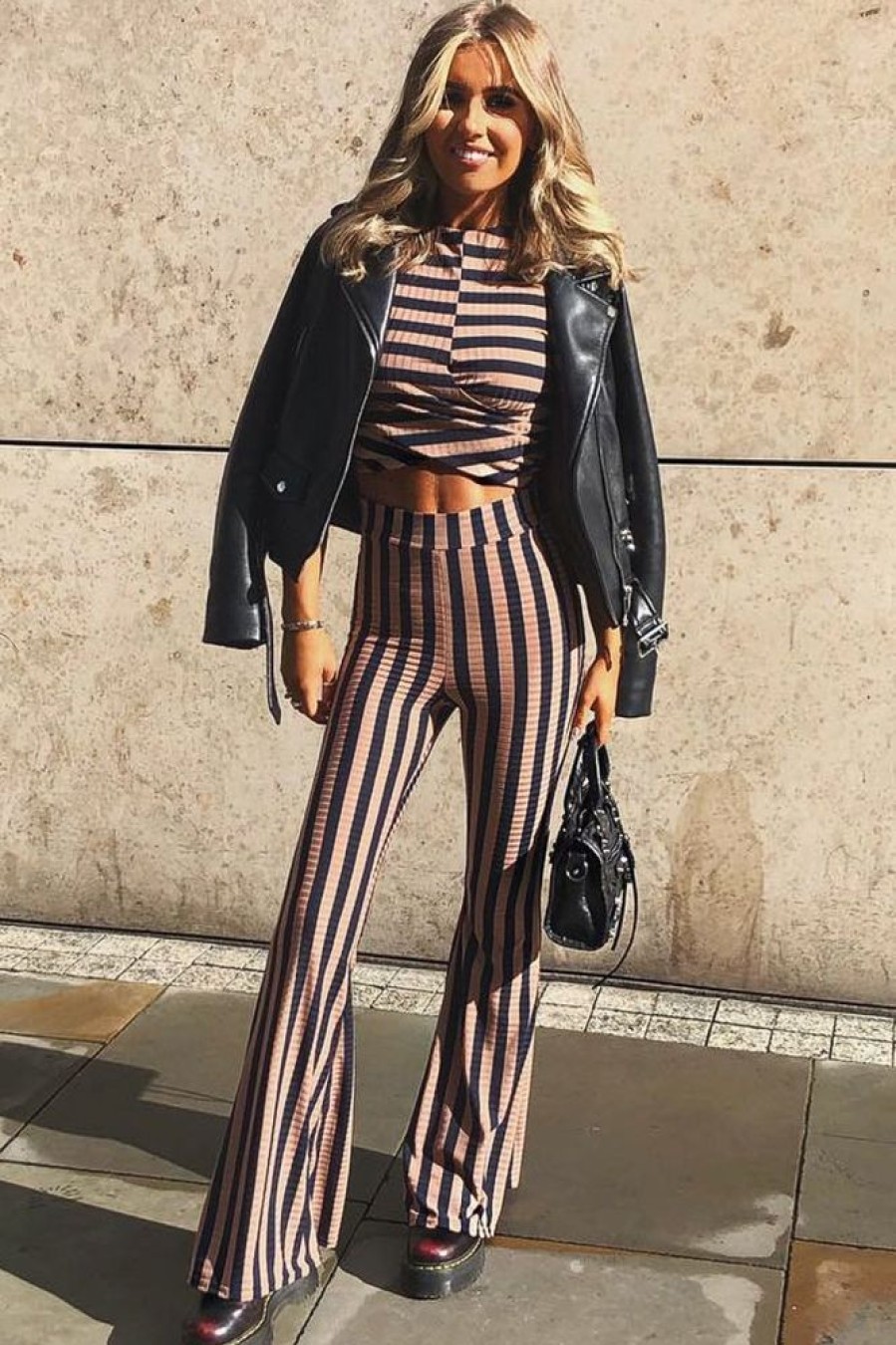 Clothing Rebellious Fashion | Navy Camel Stripe Rib Crop Top Trousers Co-Ord - Elmira