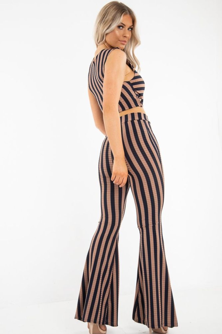 Clothing Rebellious Fashion | Navy Camel Stripe Rib Crop Top Trousers Co-Ord - Elmira