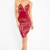 Clothing Rebellious Fashion | Wine Vinyl Plunge Midi Dress - Manuela