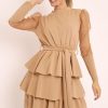 Clothing Rebellious Fashion | Beige Tiered Skirt Belted Dress - Cassia