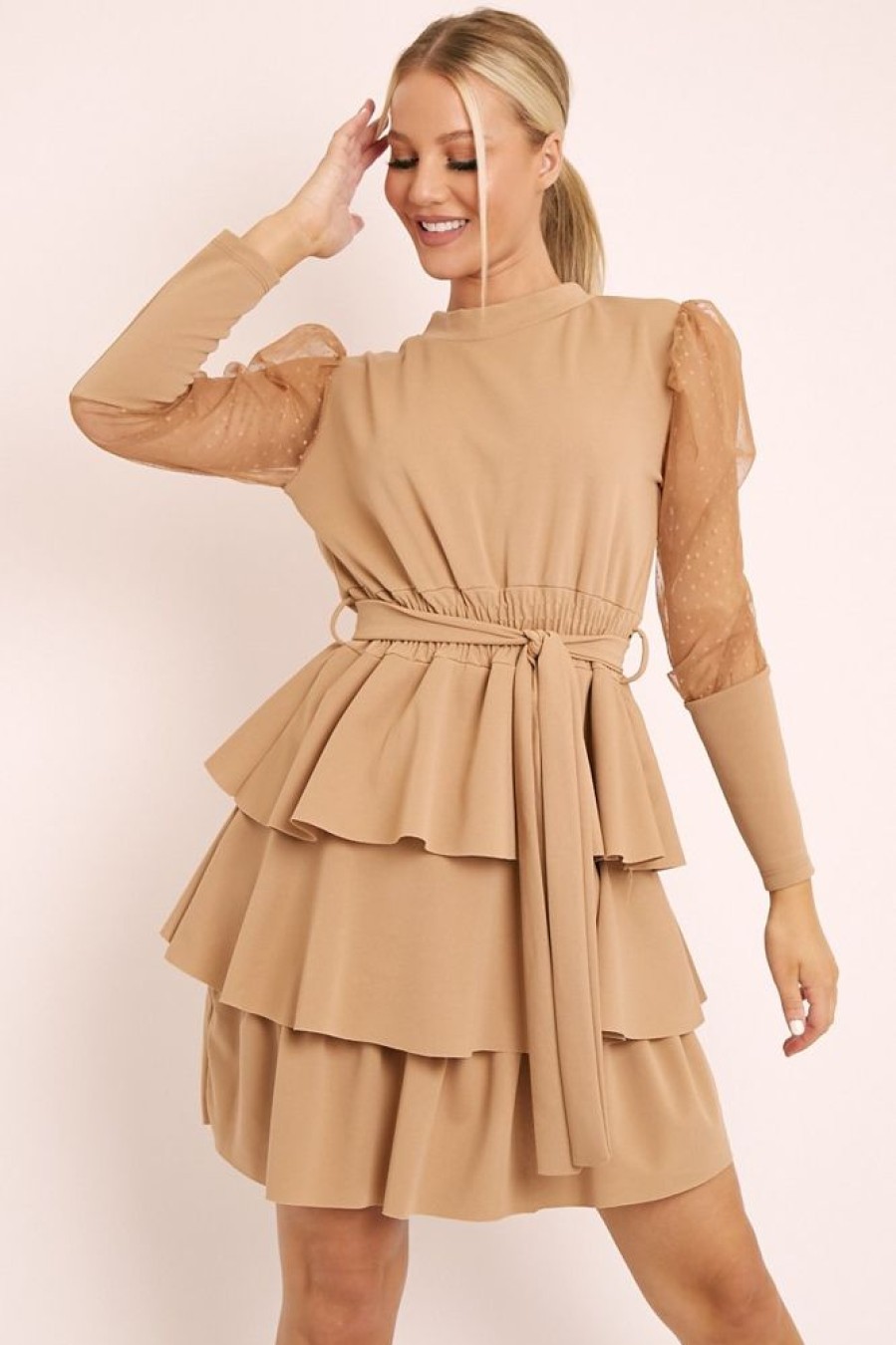 Clothing Rebellious Fashion | Beige Tiered Skirt Belted Dress - Cassia