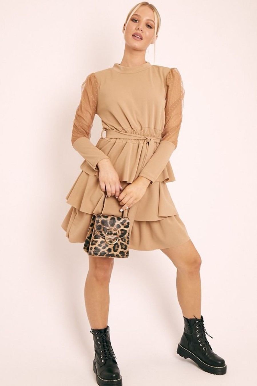 Clothing Rebellious Fashion | Beige Tiered Skirt Belted Dress - Cassia