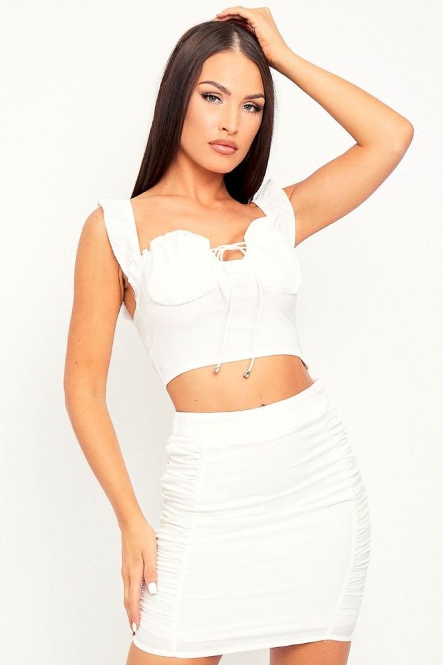 Clothing Rebellious Fashion | White Lightweight Cup Crop Top + Mini Skirt Co-Ord - Amillia