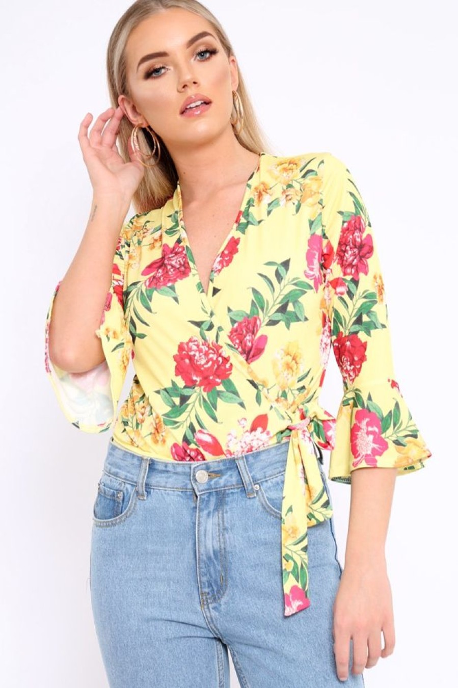 Clothing Rebellious Fashion | Yellow Floral Wrap Side Tie Bodysuit - Lincy