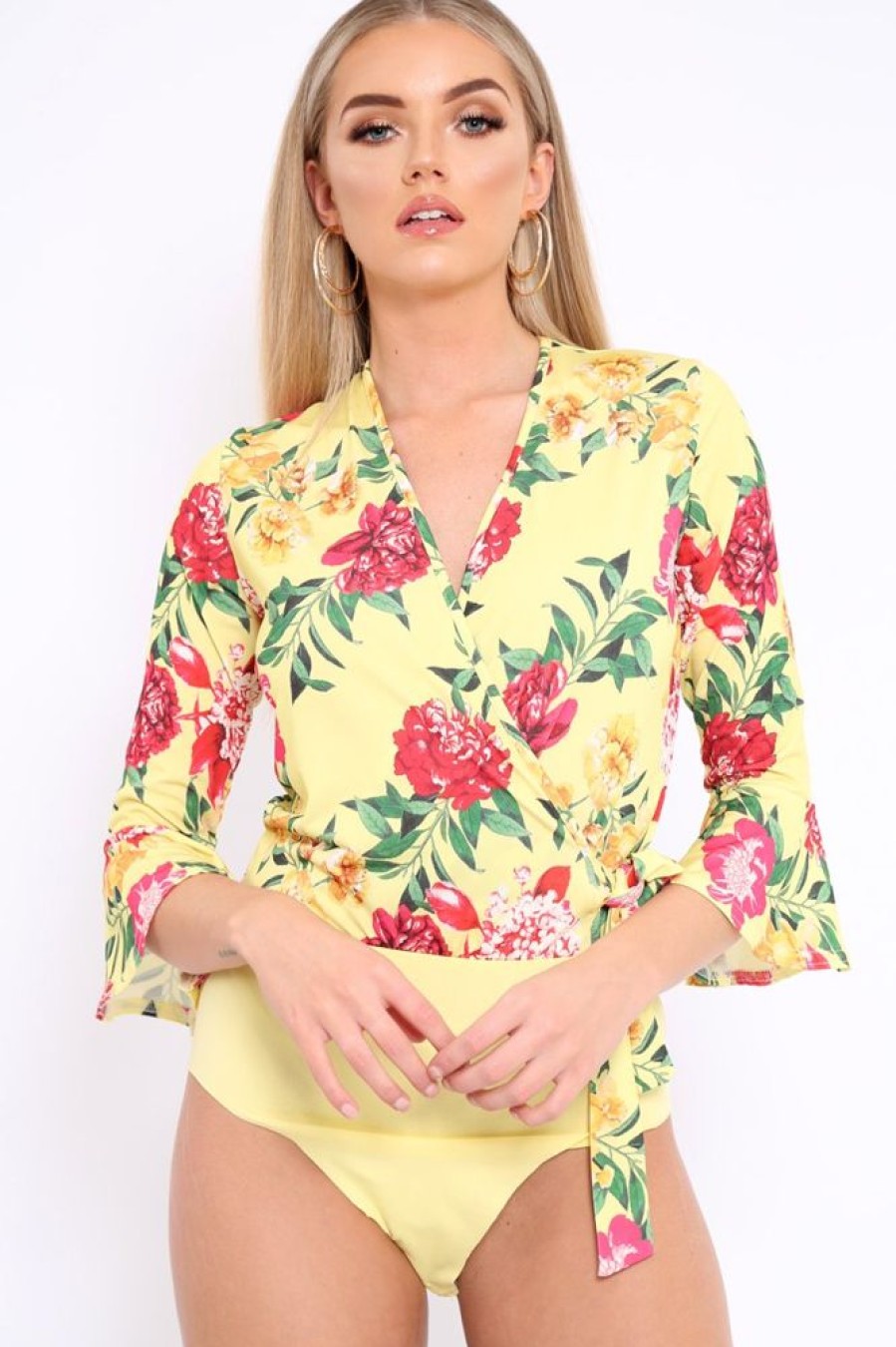 Clothing Rebellious Fashion | Yellow Floral Wrap Side Tie Bodysuit - Lincy