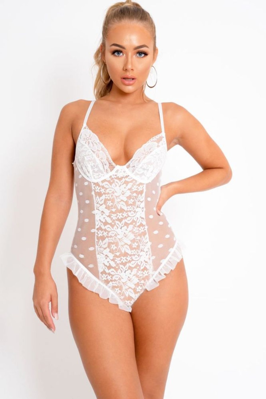 Clothing Rebellious Fashion | White Sheer Lace Ruffle Bodysuit - Mylei